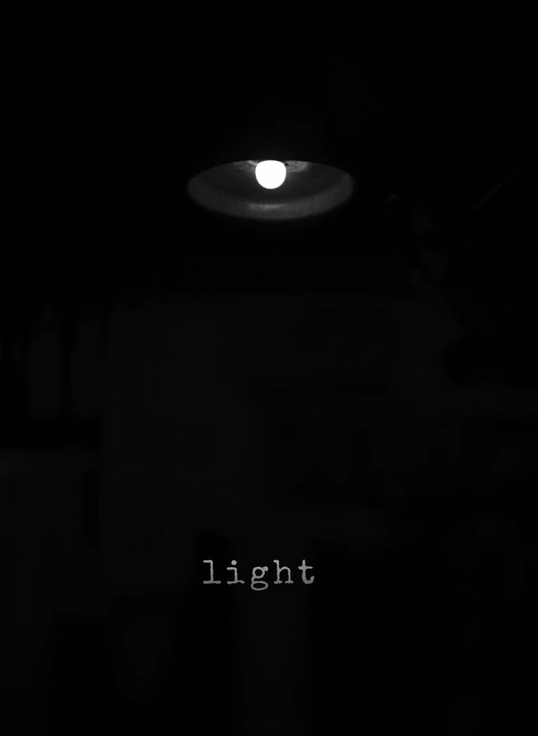 LIGHT photography book front cover showing a dim overhead light against darkness, with a subtle typewriter-style title